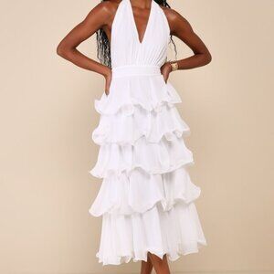 Lulus Exceedingly Gorgeous White Tiered Halter Midi Dress - Size S
